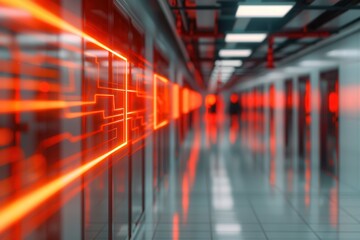 Fire alarms trigger evacuation response. Digital corridor with red light effects