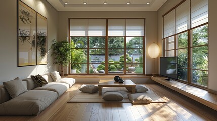 Stylish Minimalist bedroom with natural light, plants, and wooden furniture.