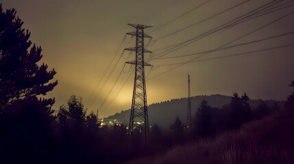 Fototapeta premium Power Lines Against a Twilit Sky with Distant City Lights, Silhouetted Trees, and Soft Glowing Background