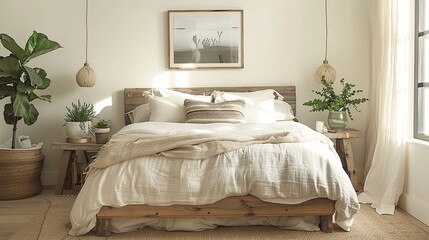 Stylish Minimalist bedroom with natural light, plants, and wooden furniture.