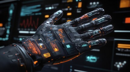Fototapeta premium A 3D rendering of futuristic surgical gloves with interactive data overlays