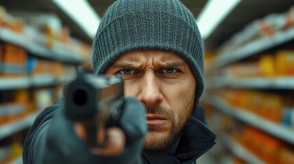 Masked individual threatens cashier during tense robbery at convenience store, overwhelming fear fills the air