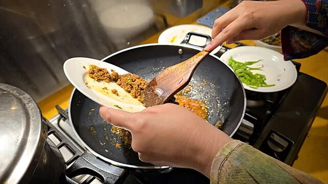 Cooking chopped beaf in a pan. 