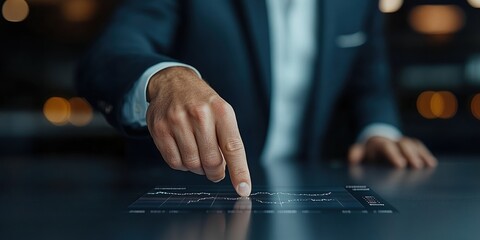 Executive celebrating strategic achievement in a modern boardroom with a digital financial chart