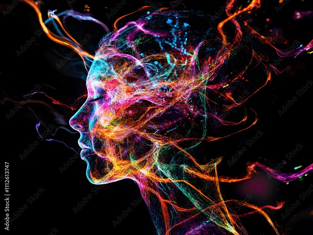 Poster abstract representation of a woman's profile illuminated by vibrant colors and dynamic light trails,