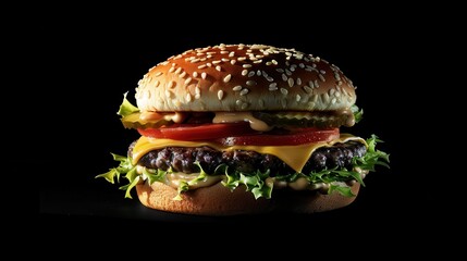 Gourmet cheeseburger with layers of fresh lettuce and toppings for culinary delights and promotional food content.