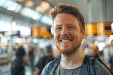 Portrait of a smiling caucasian man in his 30s donning a trendy cropped top over busy airport terminal