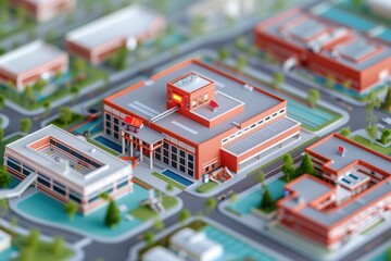 Fire alarms trigger evacuation response. Miniature model of a school campus