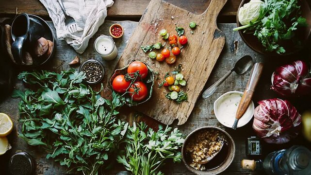 Fresh Organic Vegetable Salad with Red and Green Peppers Garlic and Tomato Closeup in Kitchen