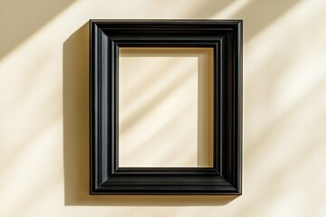 Black frame on white wall with sunlight shadows