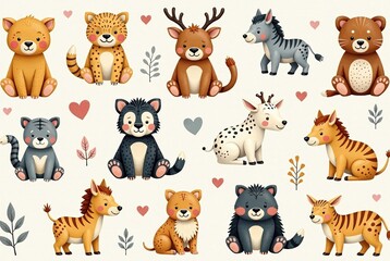 Fototapeta premium Baby Animal Nursery Fabric Design - Hand Drawn Patterns