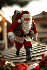 Santa Claus Climbing a Rooftop with Tactical Gear and Backpack