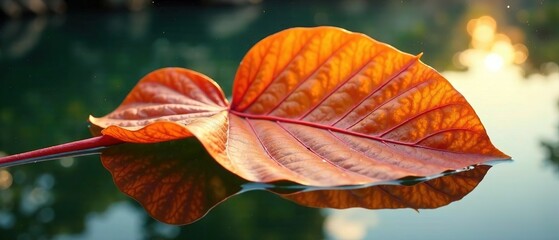 Obraz premium Autumnal Orange Tropical Leaf in Water, Rain-Kissed, Photorealistic