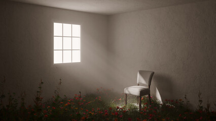 Serene interior scene with a soft spotlight on a white chair in a minimalist room, where vibrant wildflowers grow on the floor, illuminated by gentle sunlight streaming through a window