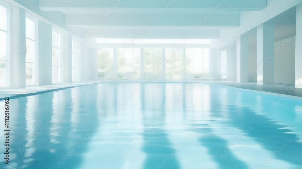 Aufkleber sunlight illuminates empty indoor swimming pool in modern white minimal building with large windows 
