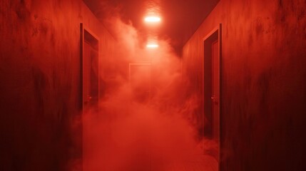 Fire alarms trigger evacuation response. Mysterious foggy corridor with red lighting