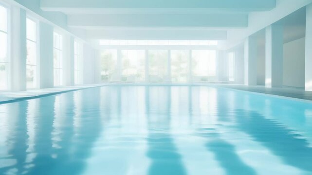 Sunlight illuminates empty indoor swimming pool in modern white minimal building with large windows and turquoise water, perfect for relaxation and wellness