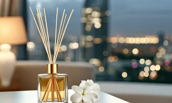A stylish fragrance diffuser sits on a table alongside a flower, with a beautiful city skyline illuminated at twilight in the background