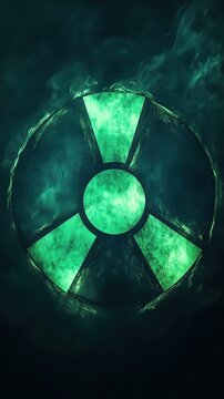 Glowing nuclear radiation symbol on a smoky dark background