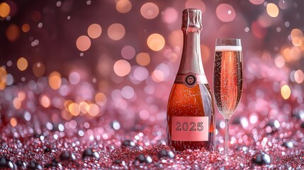 A stylish and elegant New Year's celebration image featuring the year "2025" and includes a sparkling champagne bottle, bursting with celebratory bubbles- ai generated