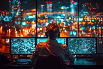 International Civil Aviation Day. A Close-up of an Air Traffic Controller Speaking into a Headset, Illuminated Radar and Control Panels