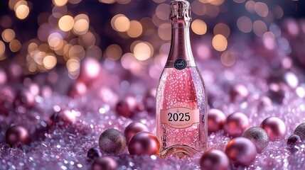 A stylish and elegant New Year's celebration image featuring the year "2025" and includes a sparkling champagne bottle, bursting with celebratory bubbles- ai generated