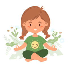 Happy girl with braids hairstyle meditating sitting in asana with nature and flowers. Concept beneficial effects of environment, Hobbies, sports, healthy lifestyle. Vector illustration