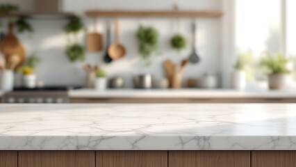 A marble countertop with blurred of a bright, modern kitchen.The soft focus on the interior background highlights.making it ideal for showcasing kitchen-related products