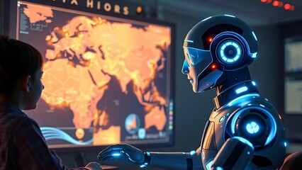 Child and AI robot analyze global crisis map.