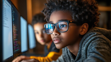 Engaged students learning coding skills with computers and focus