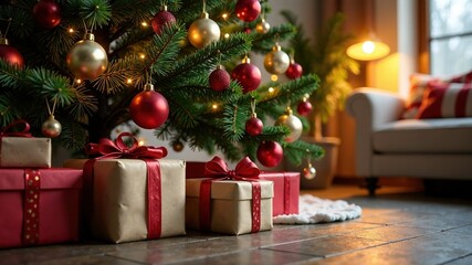 Christmas Tree Gifts Cozy Home Decor AI Art, Festive Holiday Scene