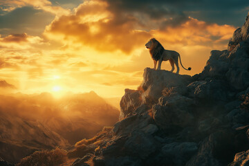A majestic lion stands atop a mountain, bathed in golden sunlight.