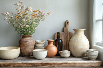 Rustic Still Life with Earthenware Pottery and Flowers