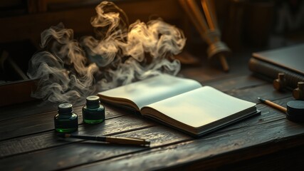 An open book with a blank page, inkwells, and a pen, surrounded by swirling smoke on a rustic wooden desk