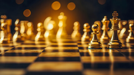 Golden Chess Pieces on Wooden Board with Bokeh Effect Highlighting Strategy and Competition in Game Setting
