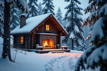 Cozy Cabin in Snowy Woods - Fireplace & Crackling Flames - AI Photorealistic