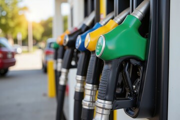 Colorful fuel pump nozzles at a busy gas station on a sunny day.