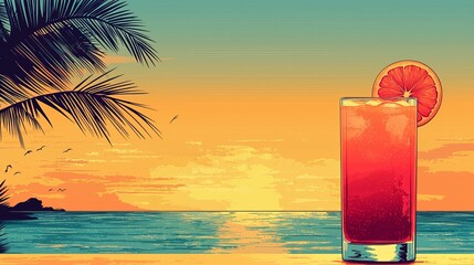Vibrant Sunset with Tropical Cocktail Glass and Refreshing Drink on Beach by Ocean Shoreline