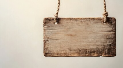 Blank wooden sign hanging by a rope against a light background.