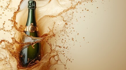 Champagne Bottle Splashing Golden Liquid on Beige Background, Representing Celebration, Luxury, and Festive Elegance