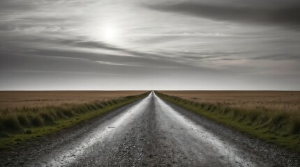 Fototapeta premium Path to Infinity of a serene path stretching endlessly toward the horizon. The tranquil scene, framed by nature's symmetry and leading lines, evokes a calming and introspective mood. 