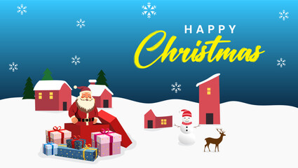 The image is a Christmas greeting card with a snowy landscape houses trees and a snowman Santa opens a gift box with presents and a reindeer stands nearby Happy Christmas is at the top