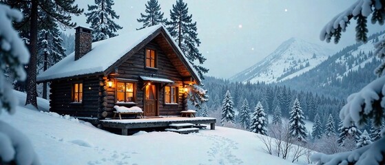 Cozy Wooden Cabin in Snowy Forest - AI Photorealistic Landscape