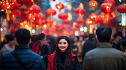 Naklejka premium Smiling Asian woman on a crowded street during Chinese New Year