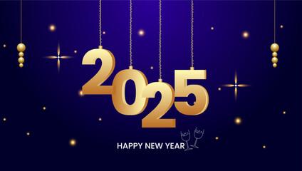 Obraz premium A festive New Year card with 2025 in golden numbers hanging on strings a dark blue background golden stars ornaments and Happy New Year text below 