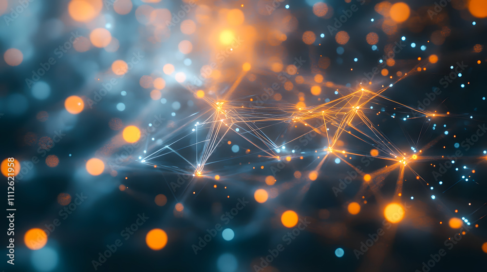 Poster abstract digital connection with glowing dots and lines creating a network pattern in blue and orang