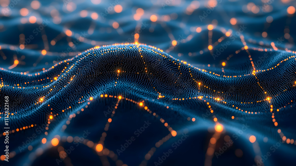 Poster Abstract digital landscape with glowing points, flowing lines, and rich textures creating a mesmerizing depth and motion in a dark background
