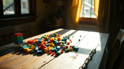 A scattered collection of colorful building blocks on a wooden table bathed in sunlight, casting long shadows.