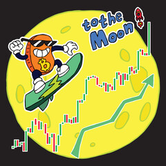 Obraz premium Bitcoin in sunglasses smiles and flies on a surfboard along the cryptocurrency chart up the moon