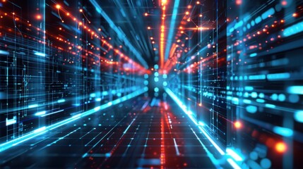 Abstract Digital Network with Blue and Red Lights